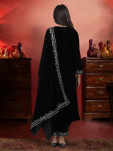 Women's Ethnic Black Flared Velvet Kurta Set with Dupatta