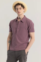 Men's Mauve Casual Slim Fit Textured Half Sleeves Polo Tshirt