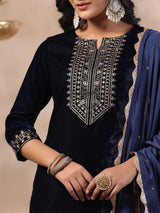Women's Ethnic Velvet Navy Straight Kurta Set with Dupatta