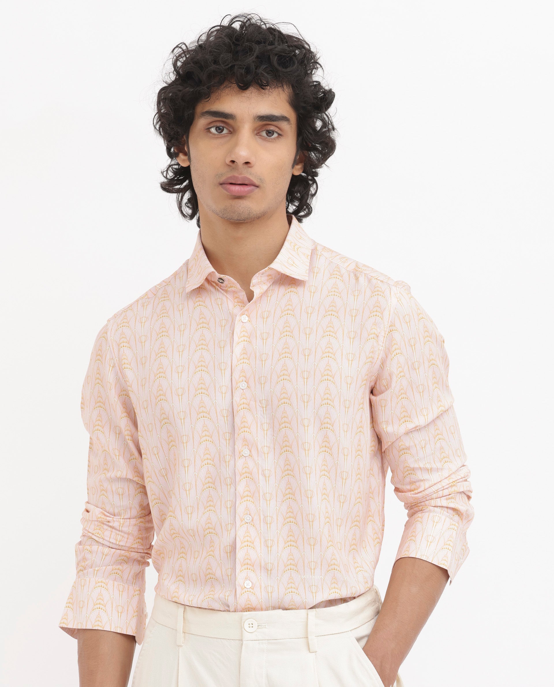 Men's Pink Casual Regular Fit Printed Full Sleeves Shirt