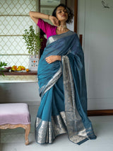 Women's Blue Cotton Silk Saree with Blouse Piece
