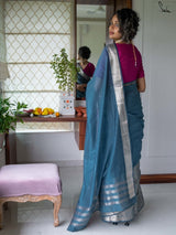 Women's Blue Cotton Silk Saree with Blouse Piece