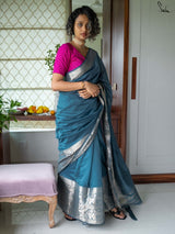 Women's Blue Cotton Silk Saree with Blouse Piece