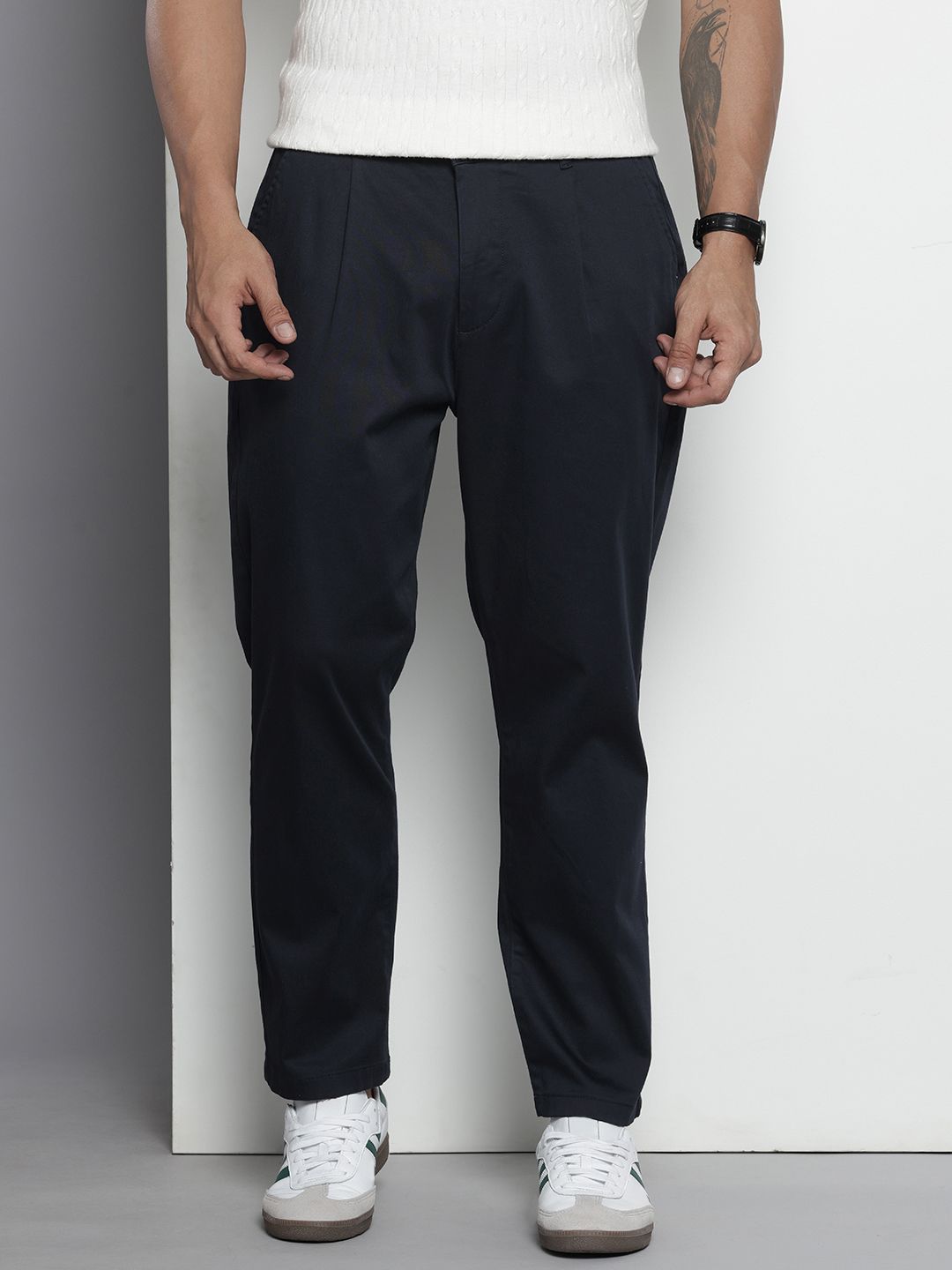 Men's Blue Casual Relaxed Fit Solid Trousers