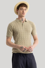Men's Beige Casual Slim Fit Textured Half Sleeves Polo Tshirt