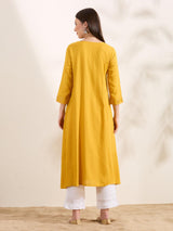 Women's Yellow Solid Mirror Embroidered A-Line Flared Kurta