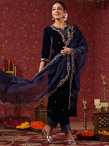 Women's Velvet Navy Straight Kurta Set with Dupatta