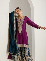 Women's Purple Polyester Chinon 3 Pieces Kurta Set
