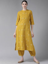 Women's Mustard Yellow Ethnic Motifs Embroidered Mirror Work Pure Cotton Kurta with Salwar