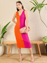 Women's Orange Stretchable Ribbed Dual Tone Bodycon Dress