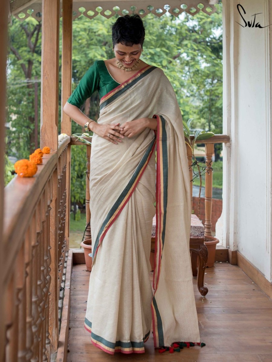 Women's White Cotton Zari Saree