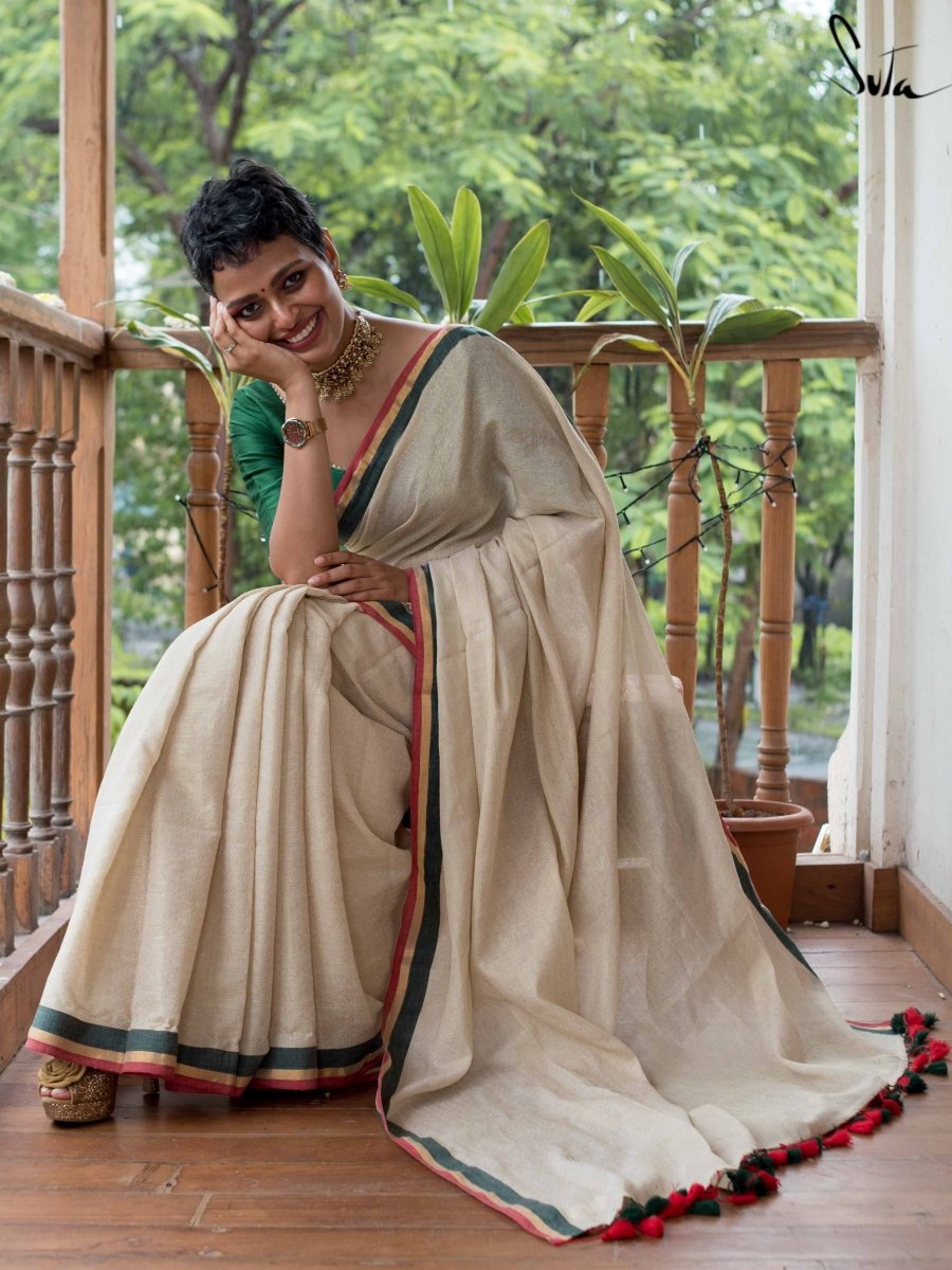 Women's White Cotton Zari Saree