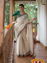 Women's White Cotton Zari Saree