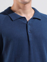 Men's Blue Slim Fit Textured Polo Collar Tshirt
