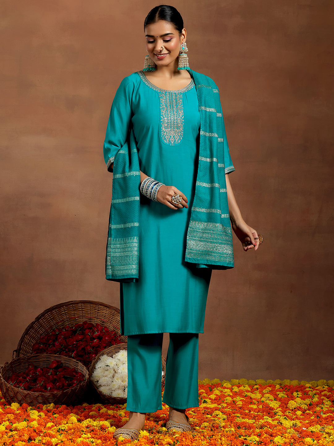 Women's Blue Silk Blend Embroidered & Sequiens Straight Kurta & Trouser with Silk Blend Embroidered Dupatta