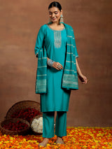 Women's Blue Silk Blend Embroidered & Sequiens Straight Kurta & Trouser with Silk Blend Embroidered Dupatta