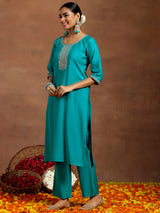Women's Blue Silk Blend Embroidered & Sequiens Straight Kurta & Trouser with Silk Blend Embroidered Dupatta