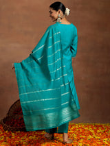 Women's Blue Silk Blend Embroidered & Sequiens Straight Kurta & Trouser with Silk Blend Embroidered Dupatta