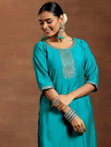 Women's Blue Silk Blend Embroidered & Sequiens Straight Kurta & Trouser with Silk Blend Embroidered Dupatta