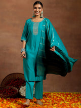 Women's Blue Silk Blend Embroidered & Sequiens Straight Kurta & Trouser with Silk Blend Embroidered Dupatta