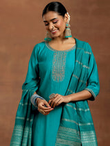 Women's Blue Silk Blend Embroidered & Sequiens Straight Kurta & Trouser with Silk Blend Embroidered Dupatta