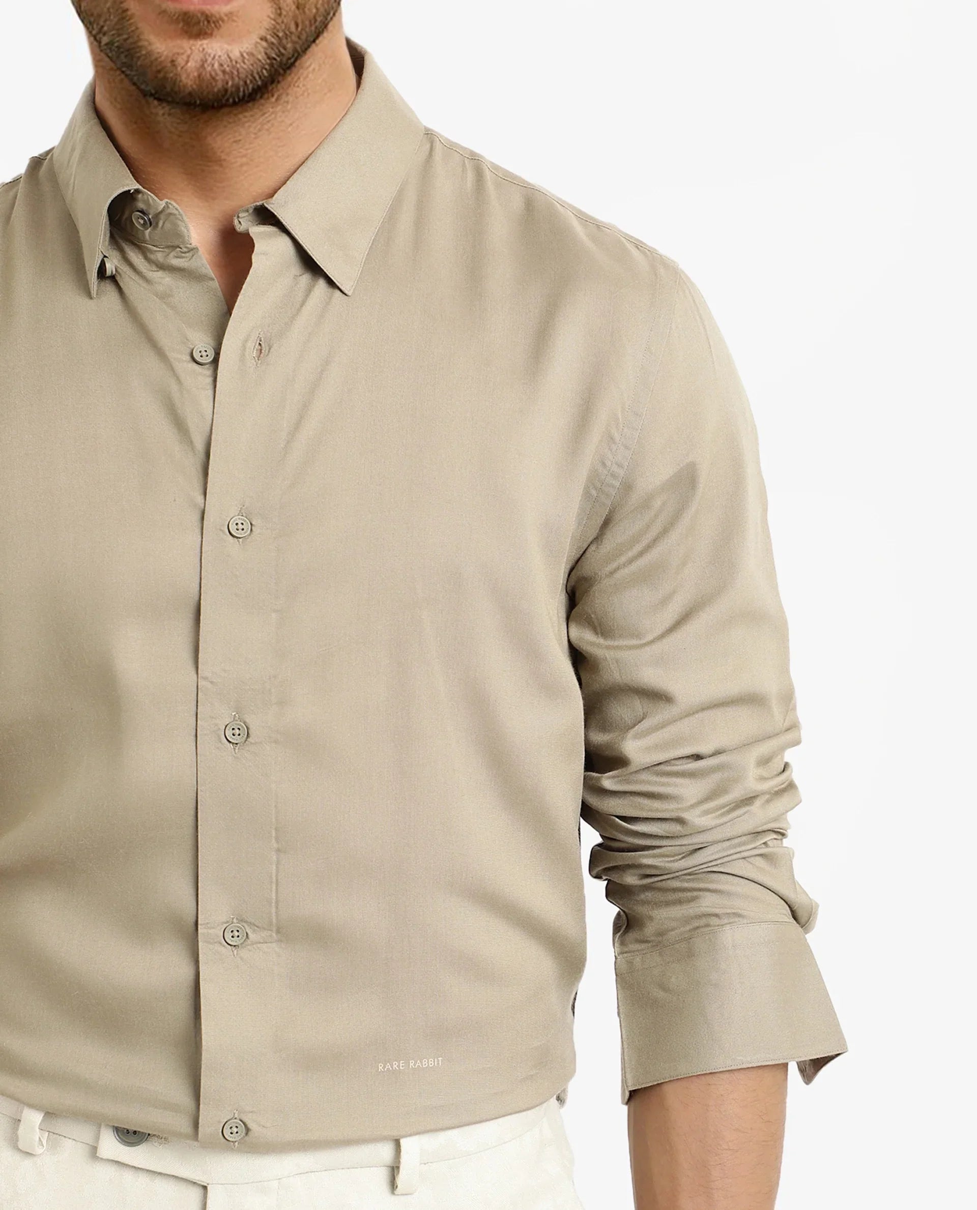 Men's Beige Work Regular Fit Solid Full Sleeves Shirt