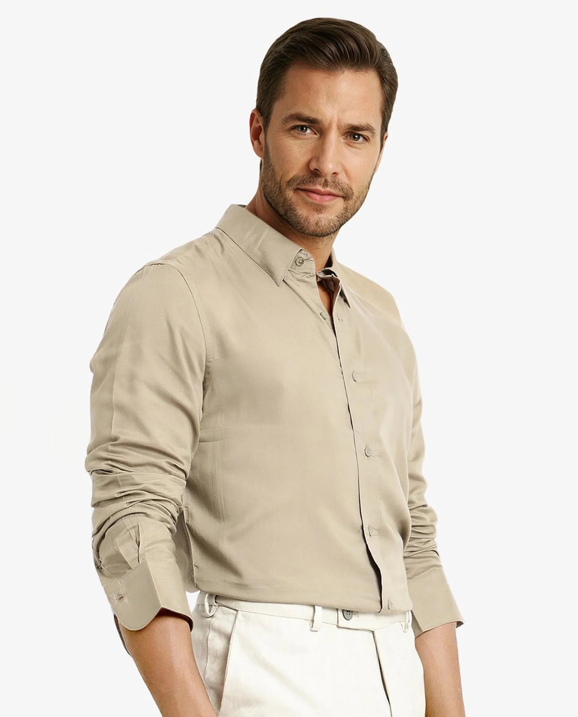 Men's Beige Work Regular Fit Solid Full Sleeves Shirt