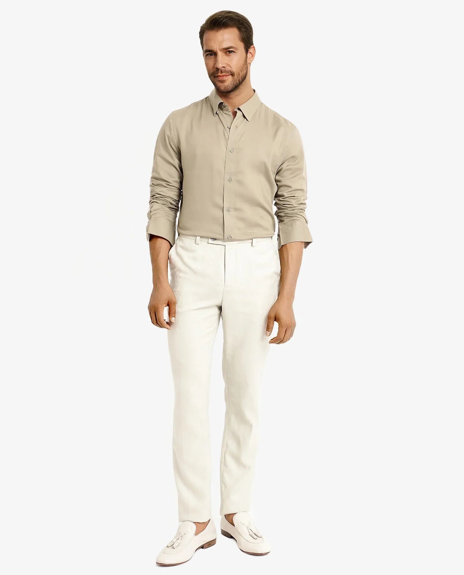 Men's Beige Work Regular Fit Solid Full Sleeves Shirt