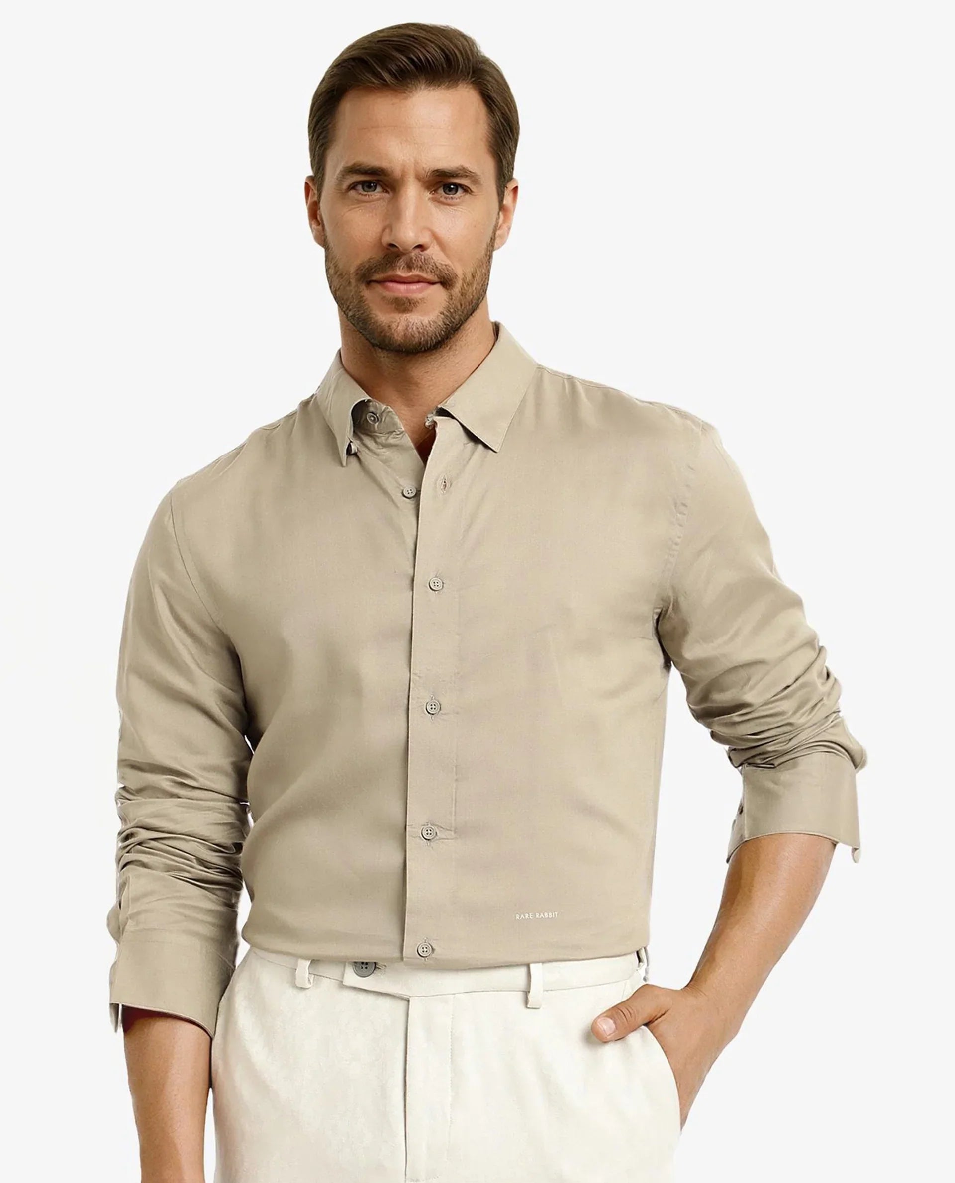 Men's Beige Work Regular Fit Solid Full Sleeves Shirt