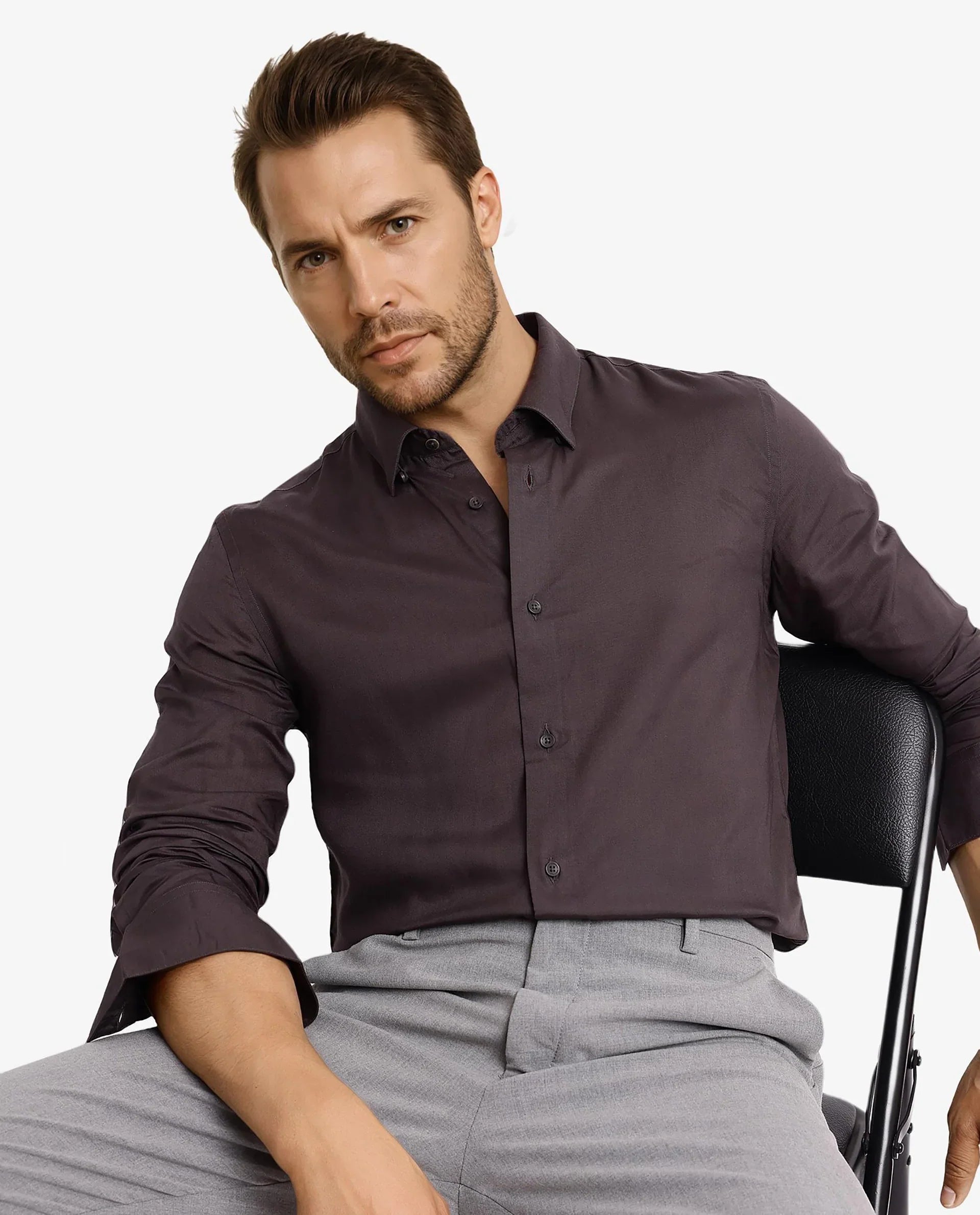 Men's Grey Work Regular Fit Solid Full Sleeves Shirt