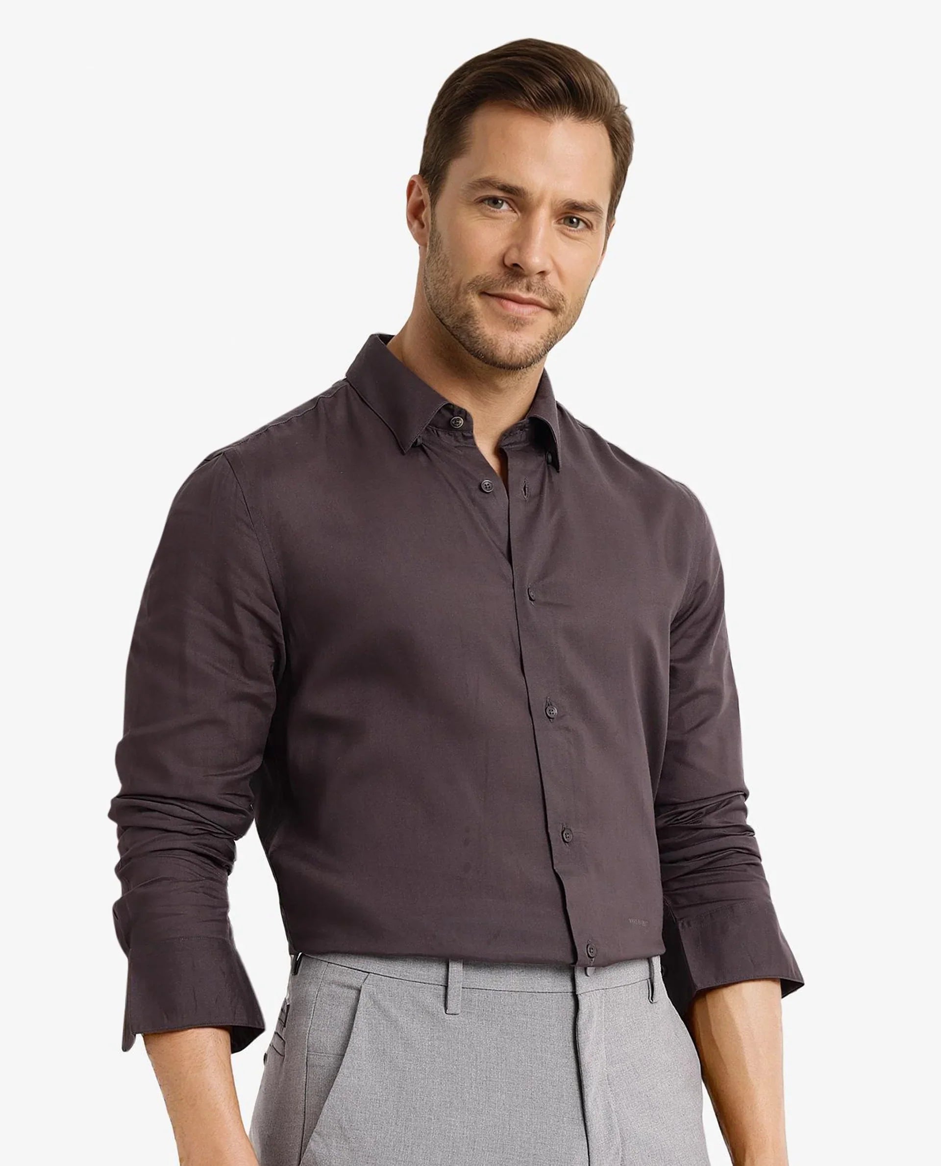 Men's Grey Work Regular Fit Solid Full Sleeves Shirt