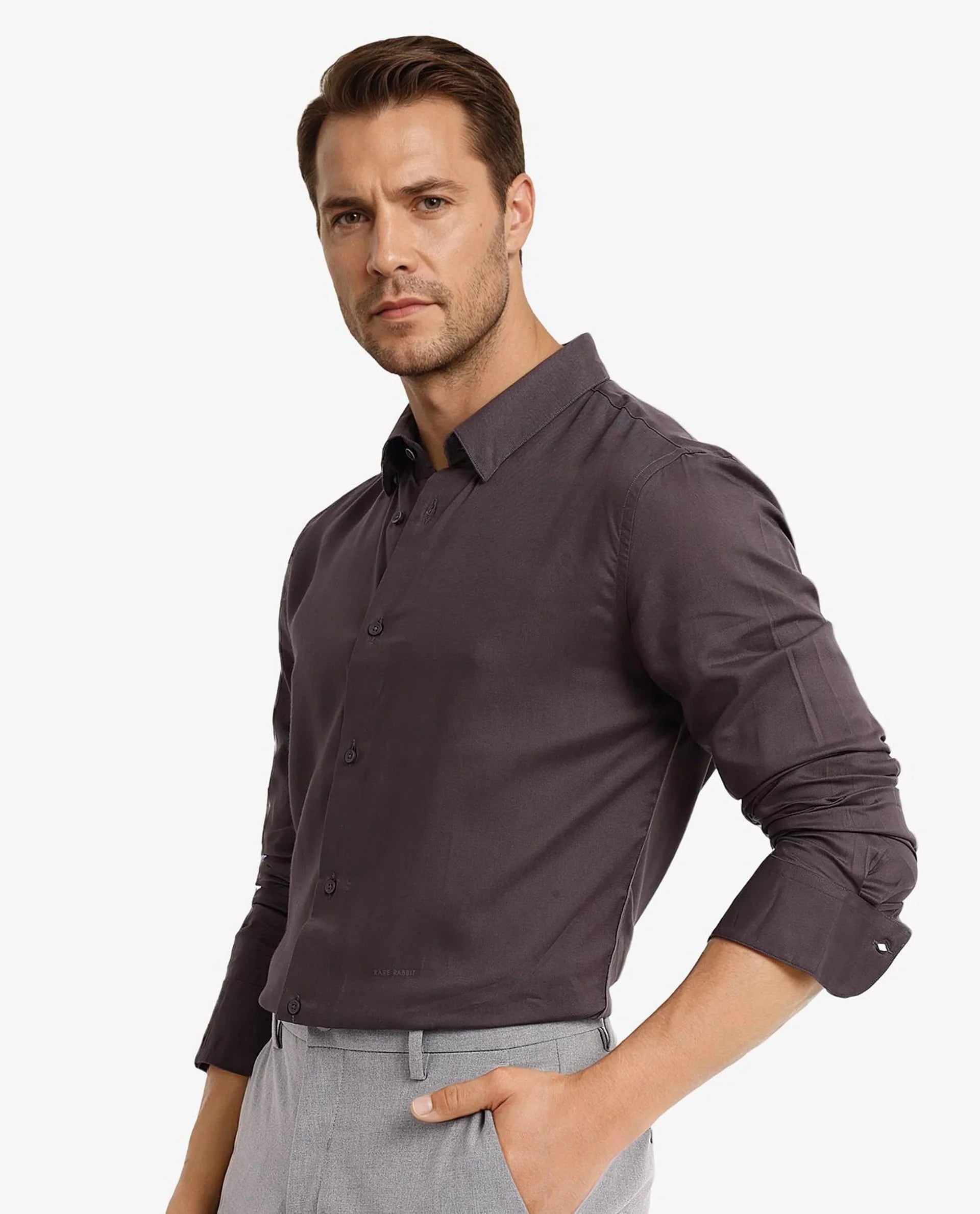Men's Grey Work Regular Fit Solid Full Sleeves Shirt