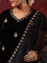 Women's Ethnic Wear Velvet Black Straight Kurta Set with Dupatta