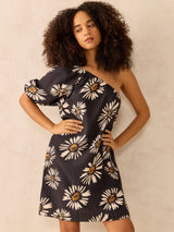 Women's Black One Shoulder Foral Mini Dress