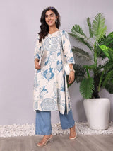 Women's White & Blue Floral Printed V Neck Sequinned Panelled Cotton A Line Kurta
