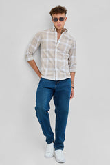 Men's Beige Casual Slim Fit Checkered Full Sleeves Shirt