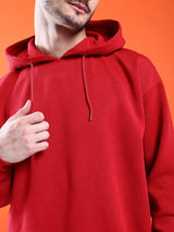 Men's Red Casual Hood Neck Solid Full Sleeves Hoodie