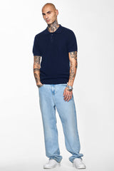 Men's Navy Casual Slim Fit Printed Half Sleeves Polo Tshirt