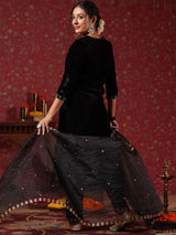 Women's Ethnic Wear Velvet Black Straight Kurta Set with Dupatta