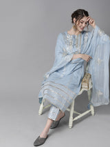 Women's Blue Silver Pure Silk Striped Kurta Set with Gotta Patti Detail