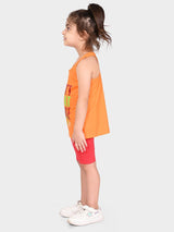Girls Orange Casual Printed Regular Fit Sleeveless Clothing Set