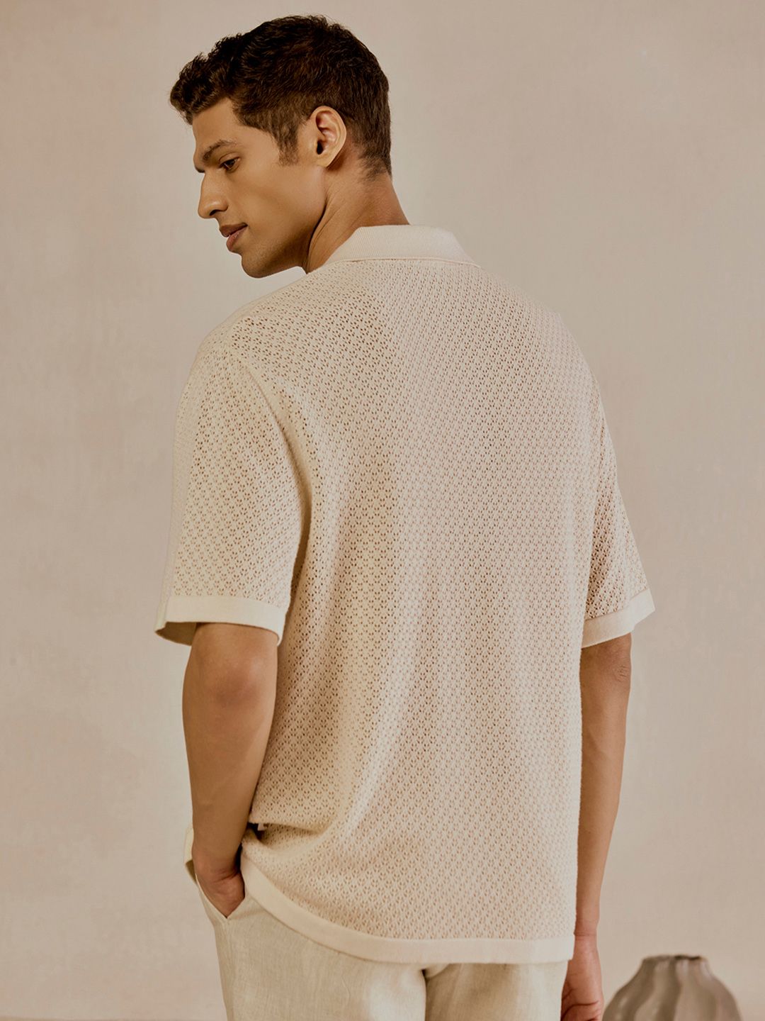 Men's Beige Casual Relaxed Fit Printed Half Sleeves Polo Tshirt