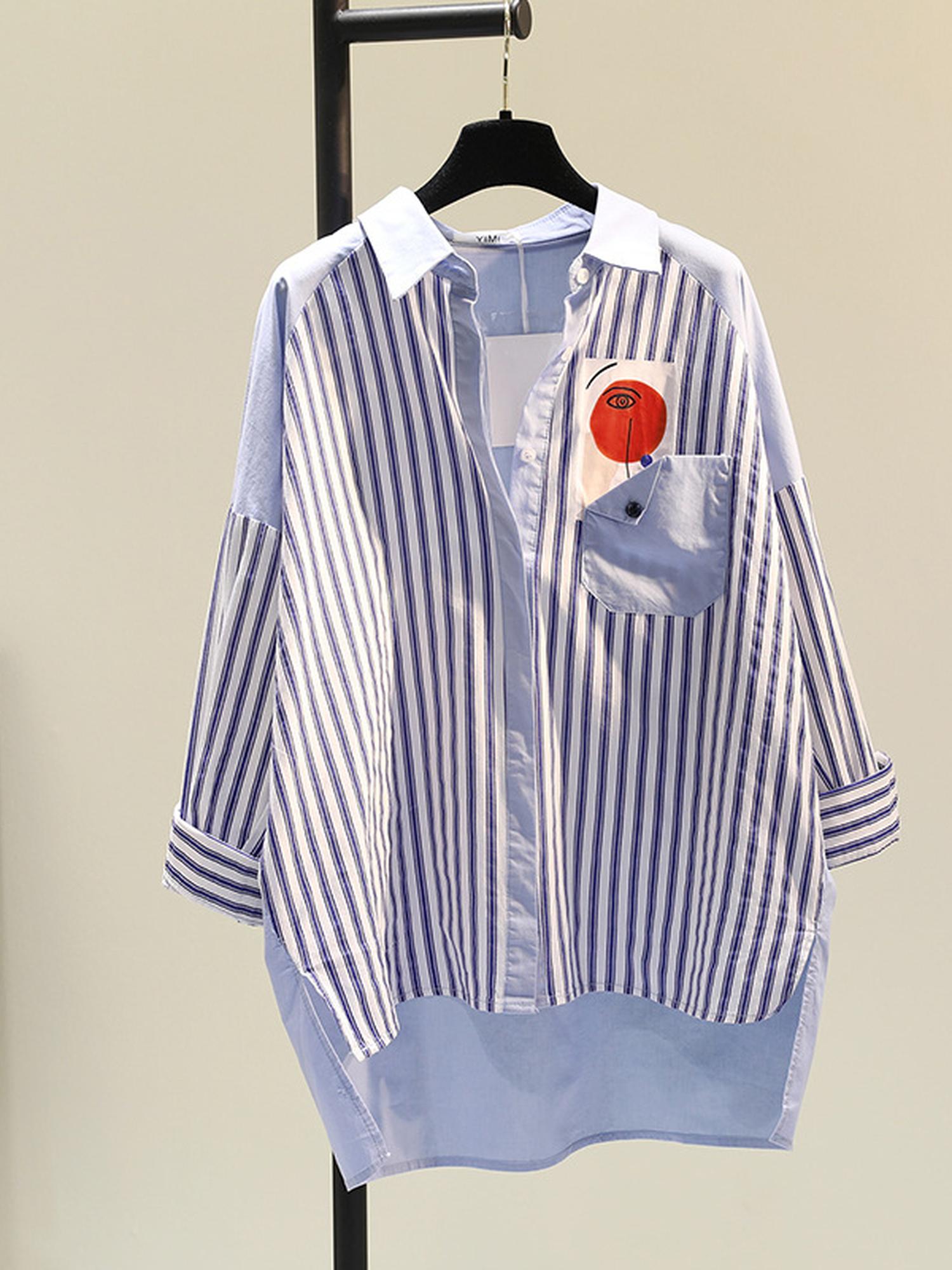 Women's Blue Casual Striped Full Sleeves Shirt