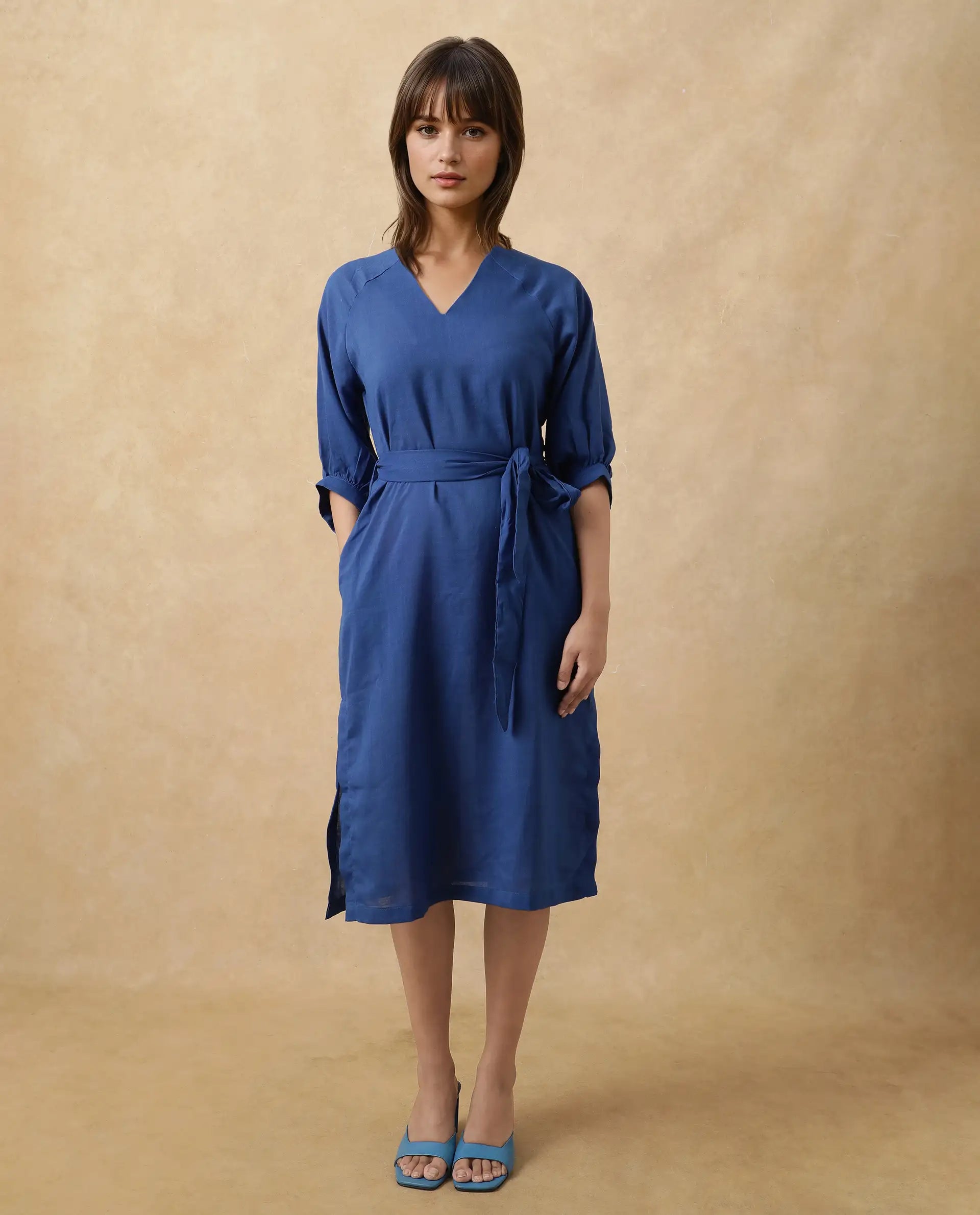 Women's Elarat Blue V-Neck Bishop Sleeve Plain A-Line Midi Dress