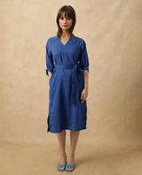 Women's Elarat Blue V-Neck Bishop Sleeve Plain A-Line Midi Dress