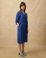 Women's Elarat Blue V-Neck Bishop Sleeve Plain A-Line Midi Dress