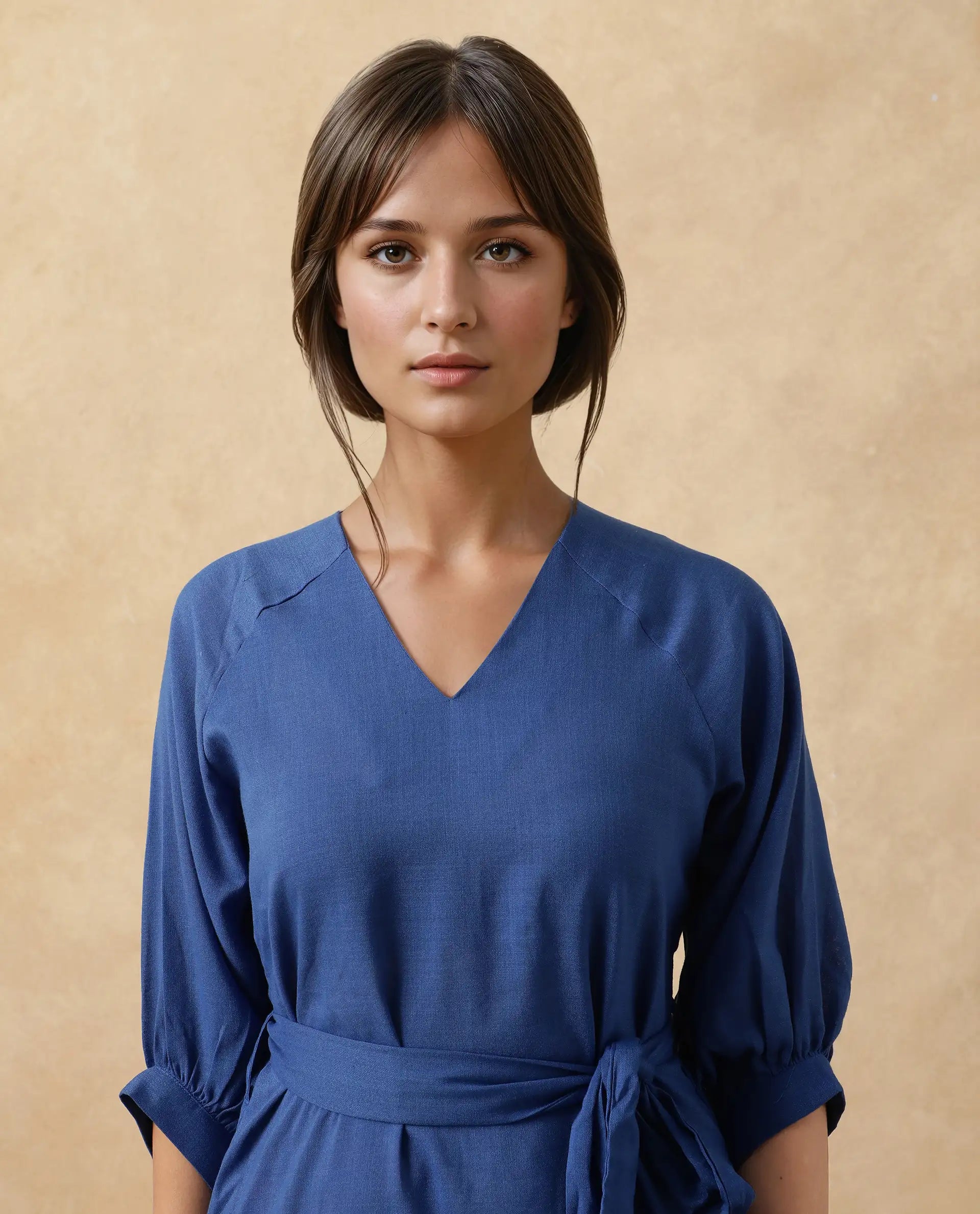 Women's Elarat Blue V-Neck Bishop Sleeve Plain A-Line Midi Dress