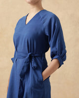 Women's Elarat Blue V-Neck Bishop Sleeve Plain A-Line Midi Dress
