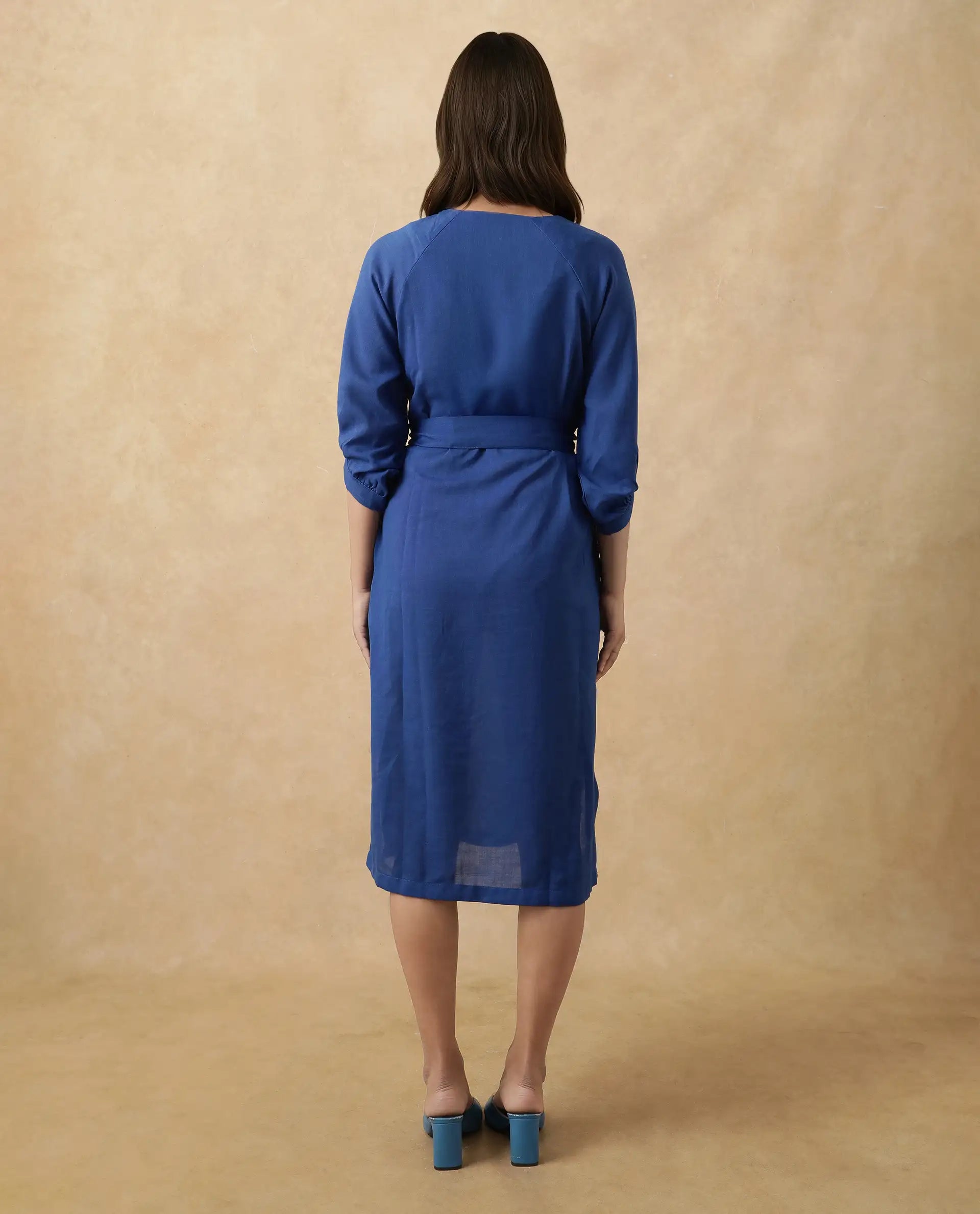 Women's Elarat Blue V-Neck Bishop Sleeve Plain A-Line Midi Dress