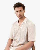 Men's Beige Casual Regular Fit Embroidered Half Sleeves Shirt